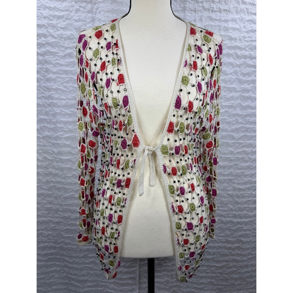 Saint Tropez West Crochet Beaded Cardigan Multicolor Open Knit Front Tie Top